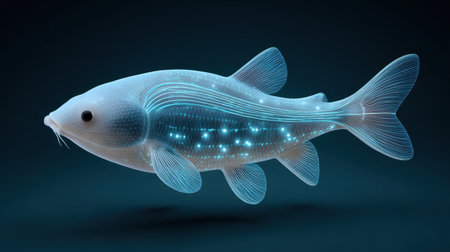 A stunning illustration of a transparent fish exhibiting glowing lines and dots in a captivating dark environment, highlighting its bioluminescent features and beauty.の素材