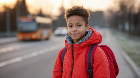 A young boy with curly hair stands by the roadside during sunset, wearing a vibrant red jacket and backpack, showcasing innocence and joy in an urban setting.の素材