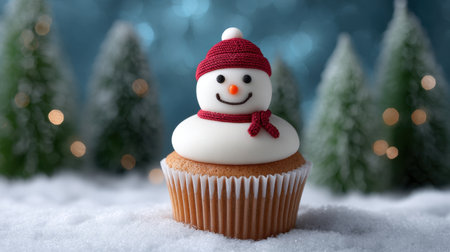 This charming cupcake features a cheerful snowman made of white frosting and a bright red hat, set against a backdrop of snowy ground and festive trees.の素材