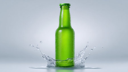 A vibrant green bottle with condensation sits in a pool of water, surrounded by splashes, perfect for illustrating freshness and hydration in promotions.の素材