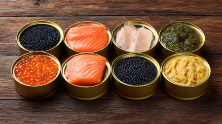 A beautifully arranged assortment of gourmet seafood in gold tins, featuring fresh salmon, exquisite caviar, and rich seafood spread, perfect for upscale dining.の素材