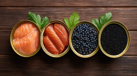 An elegant display of assorted seafood featuring fresh salmon slices and premium caviar. Perfect for culinary inspiration and gourmet dining ideas.の素材