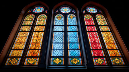 This image captures a stunning display of stained glass windows, rich in color and detail. Sunlight filters through, creating a mesmerizing atmosphere.の素材