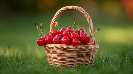 A handcrafted basket filled with fresh red cherries sits on rich green grass, showcasing nature's bounty. This image captures the essence of summer and outdoor enjoyment.の素材