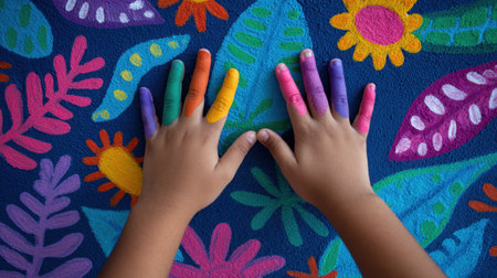 A close view of painted hands displaying vibrant colors against a lively, artistic backdrop. This image captures the essence of childhood creativity and the joy of exploration through art.の素材