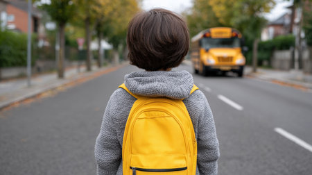 A young child stands on an empty street, gazing at an approaching school bus, wearing a bright yellow backpack under a clear blue sky.の素材