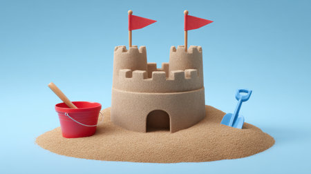 A vibrant sand castle with red flags sits on a sandy base, accompanied by a red bucket and blue shovel. Ideal for summer-themed designs and children's activities.の素材