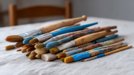 A visually appealing collection of assorted paintbrushes showcases the tools of creativity, enhancing any artistic workspace or creative endeavor.の素材