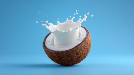 A high-definition image showcasing a coconut half with a splash of milk against a bright blue background. The vibrant colors and creative composition highlight freshness and tropical vibes, ideal for marketing, ads, and culinary inspirations.の素材