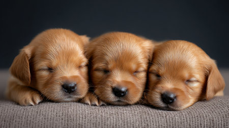 Three adorable golden retriever puppies peacefully sleeping side by side, showcasing their soft fur and calm demeanor on a cozy surface.の素材