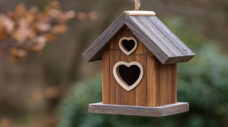 This charming wooden birdhouse features heart-shaped cutouts, perfect for adding a touch of love to any outdoor space. Crafted with care, this piece invites birds to nest while enhancing the garden's aesthetic.の素材
