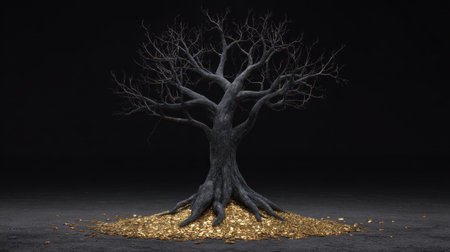 A striking black bare tree stands alone in a dark space, surrounded by a pile of shimmering gold coins, representing wealth, mystery, and prosperity.の素材