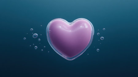 This delightful image features a glossy pink heart shape surrounded by floating bubbles over a soft blue background, symbolizing love, joy, and affection.の素材