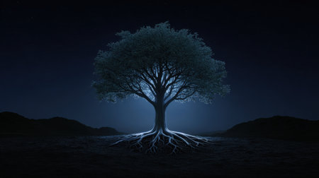 A stunning silhouette of a majestic tree under a starry night sky, featuring glowing roots that create a serene and mystical atmosphere.の素材
