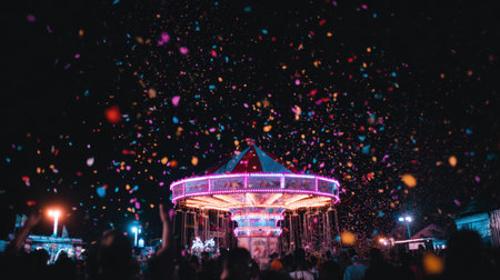 A vibrant night scene at a carnival featuring a beautifully lit carousel and colorful confetti falling from above, creating a joyful atmosphere for all.の素材