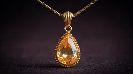 This beautiful golden necklace showcases a striking teardrop-shaped yellow gemstone pendant, accentuated by intricate details and soft lighting.の素材