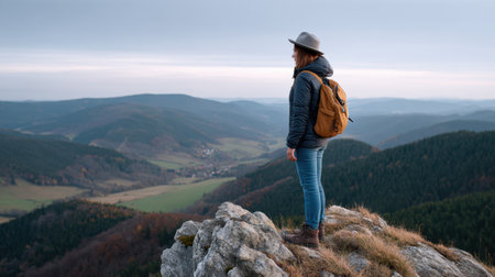 A woman in a hat stands on a rocky summit, gazing at the expansive green valley and rolling hills below under a cloudy sky, embracing nature's beauty.の素材