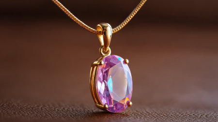 This exquisite gold necklace features a captivating pink gemstone pendant, showcasing elegance and luxury against a rich brown backdrop. A perfect accessory for any occasion.の素材