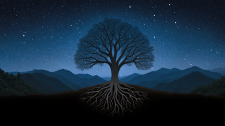 A stunning silhouette of a barren tree rises against a starry night sky, symbolizing solitude and beauty in nature, set within serene mountains.の素材