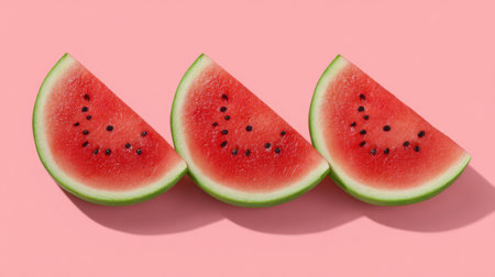 Delight in the vibrant colors and refreshing taste of fresh watermelon slices on a playful pink background, perfect for summer-themed food photography.の素材