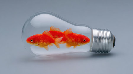 This surreal image depicts two vibrant goldfish swimming inside a light bulb, symbolizing creativity and innovative ideas against a soft gray backdrop.の素材
