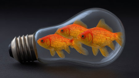A creative portrayal of goldfish swimming inside a transparent light bulb symbolizes innovation, environmental consciousness, and the beauty of imagination.の素材