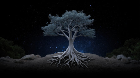 A striking image of a solitary tree with an intricate root system, standing under a vast starlit sky. This artwork symbolizes resilience and beauty in nature.の素材