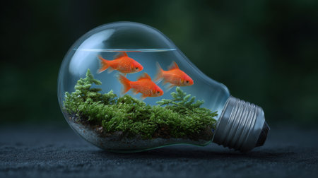 A captivating scene of goldfish swimming in a vibrant aquatic terrarium inside a light bulb. This creative design merges nature and art, symbolizing tranquility and sustainability.の素材