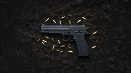 A striking close-up image of a black handgun lying on dark soil, surrounded by golden bullet casings. The composition highlights tension and danger.の素材