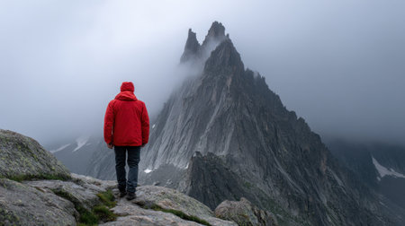 A solitary hiker dressed in a vibrant red jacket stands against a backdrop of towering mountain peaks shrouded in mist, creating an atmosphere of adventure.の素材