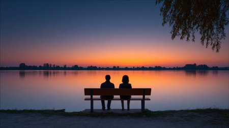 A serene scene depicting two silhouetted figures sitting on a bench by a tranquil lake, watching a stunning sunset. The warm colors create a peaceful atmosphere.の素材