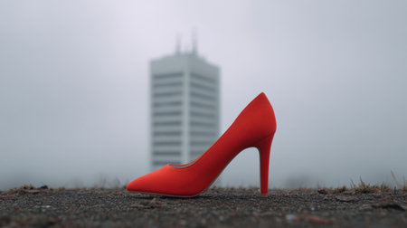 A striking red high heel shoe stands alone on a foggy urban setting, highlighting modern fashion against a blurred cityscape, inspiring creativity.の素材