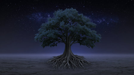 This stunning image features a solitary tree with detailed roots, illuminated by a starry sky. The surreal landscape creates a tranquil and mysterious atmosphere, inviting contemplation.の素材