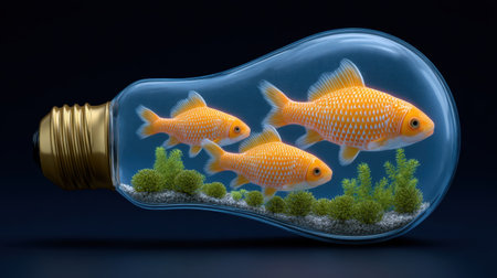 This captivating image features three goldfish swimming inside a transparent light bulb, creating a unique blend of nature and art. The vibrant fish are set against a backdrop of aquatic plants, offering a visual metaphor for creativity and illumination.の素材