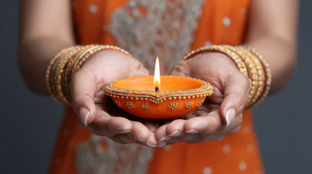 A pair of hands gently holds a decorated diya candle with a vibrant flame, symbolizing light and hope during traditional festival celebrations in India.の素材