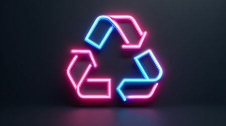 This image features a neon recycling symbol glowing in bright pink and blue colors against a dark background, representing themes of environmental awareness and sustainability.の素材
