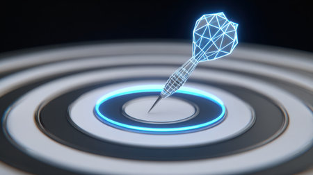 A stunning 3D rendering of a dart striking the bullseye of a target, illuminated with a neon glow, symbolizing precision and achievement in sports and competition.の素材