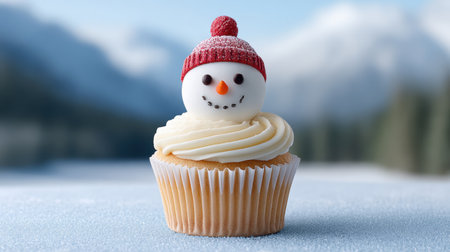 This charming cupcake features a playful snowman made of frosting, complete with a vibrant red hat, set against a serene winter backdrop. Perfect for holiday festivities!の素材