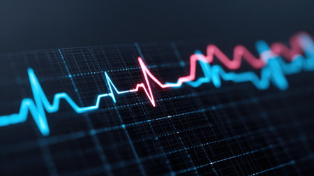 This image features a vibrant digital heartbeat line in blue and red, symbolizing vital signs and health monitoring in a modern medical context.の素材