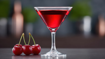 A striking cherry cocktail sits elegantly in a classic glass, garnished with fresh cherries, ideal for summer events and celebrations. The vibrant color and serene background create an enticing atmosphere for drink enthusiasts.の素材