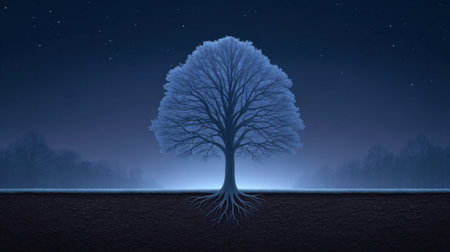 A stunning depiction of a solitary tree with deep roots, silhouetted against a starry night sky. The tranquil atmosphere evokes peace and reflection, perfect for artistic projects.の素材