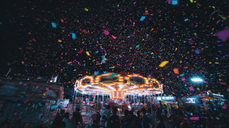 A lively night scene captures a vibrant carnival celebration featuring a beautifully lit carousel surrounded by colorful confetti, creating a festive atmosphere.の素材