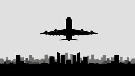 A striking silhouette of an airplane taking off above a city skyline, set against a gray backdrop, symbolizing travel and adventure in urban environments.の素材