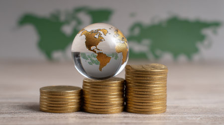 A captivating image of a transparent globe with gold continents set atop stacks of coins, symbolizing international finance, investment strategies, and economic growth.の素材