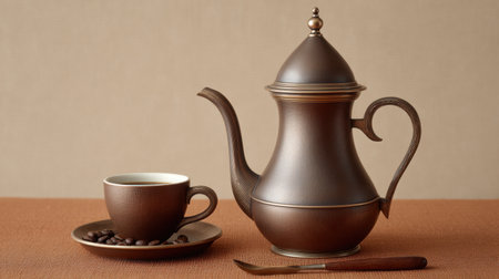 A beautiful brown teapot paired with a matching cup, complemented by coffee beans, evokes a cozy atmosphere perfect for any gathering or kitchen decor.の素材