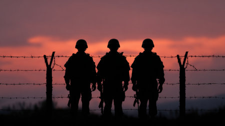 Three soldiers stand silhouetted against a stunning sunset, showcasing themes of vigilance and courage while guarding a barbed wire fence. The dramatic sky enhances the emotional connection of military duty and sacrifice.の素材