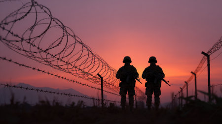Two soldiers stand silhouetted against a vibrant sunset, overlooking barbed wire fencing. The scene captures themes of duty and vigilance in a serene yet powerful moment.の素材