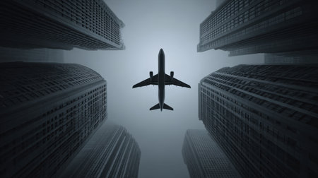 A striking aerial view of an airplane silhouetted against a foggy urban landscape, showcasing towering skyscrapers and a mysterious atmosphere.の素材