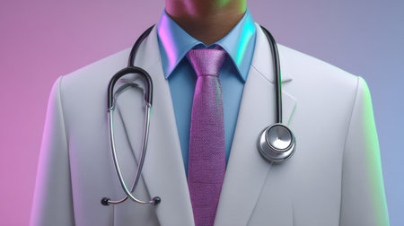 A confident medical doctor in a white coat stands with a stethoscope draped around the neck against a colorful background. This image symbolizes professionalism in healthcare.の素材