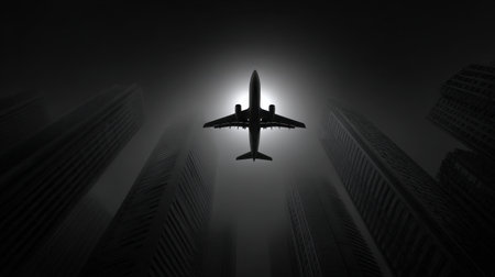 A dramatic silhouette of an airplane captured flying over a foggy urban skyline. The scene conveys a sense of adventure and exploration in the city.の素材